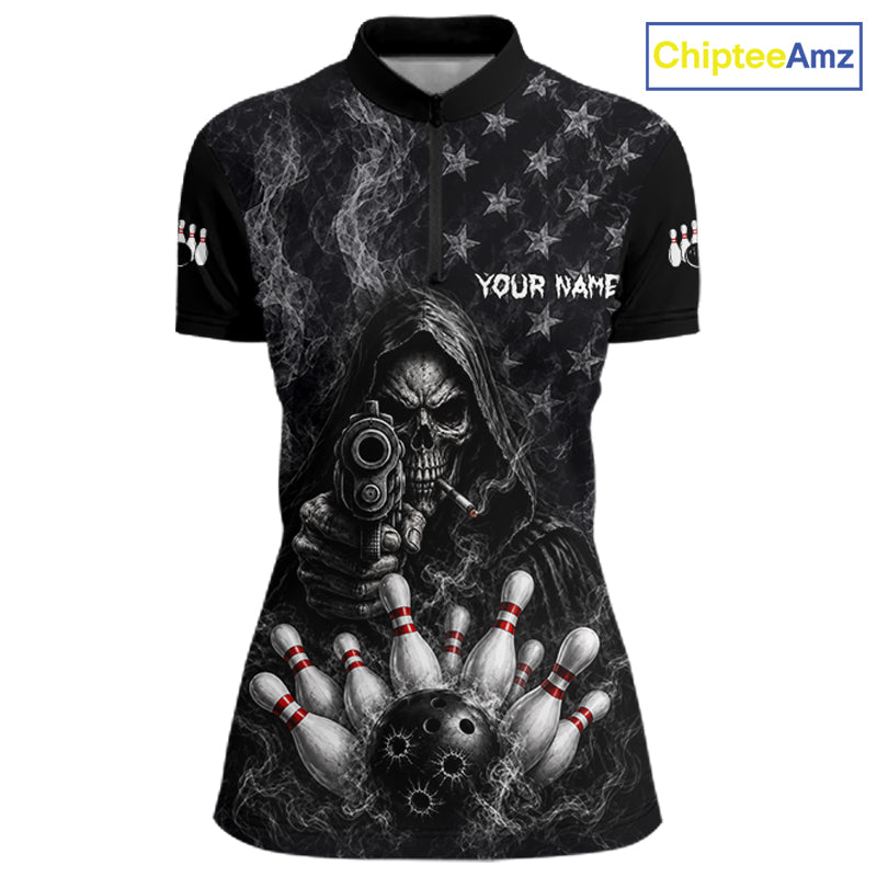 Funny Grim Reaper Smoke American Flag Bowling Shirts For Women Custom Black Bowling Team Jersey TDM7357