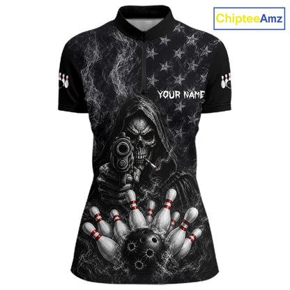Funny Grim Reaper Smoke American Flag Bowling Shirts For Women Custom Black Bowling Team Jersey TDM7357