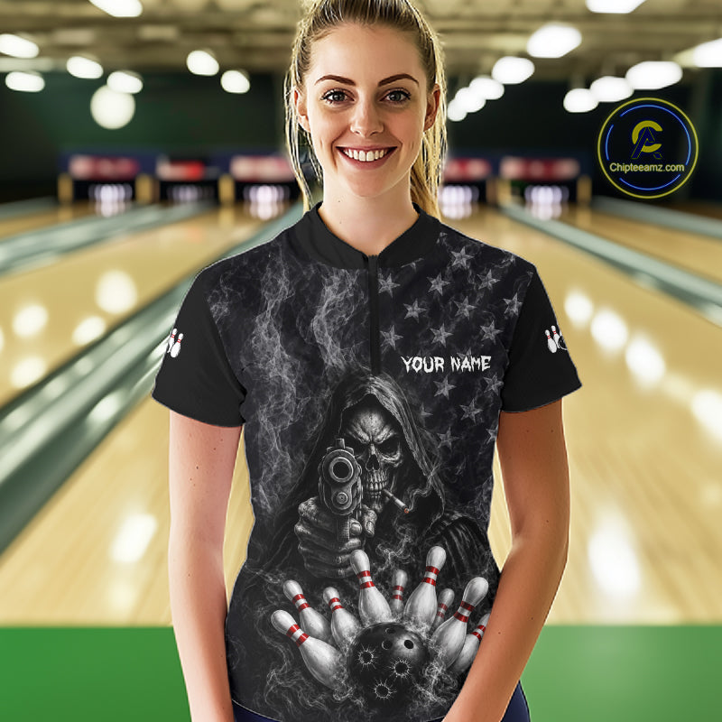 Funny Grim Reaper Smoke American Flag Bowling Shirts For Women Custom Black Bowling Team Jersey TDM7357