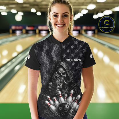 Funny Grim Reaper Smoke American Flag Bowling Shirts For Women Custom Black Bowling Team Jersey TDM7357