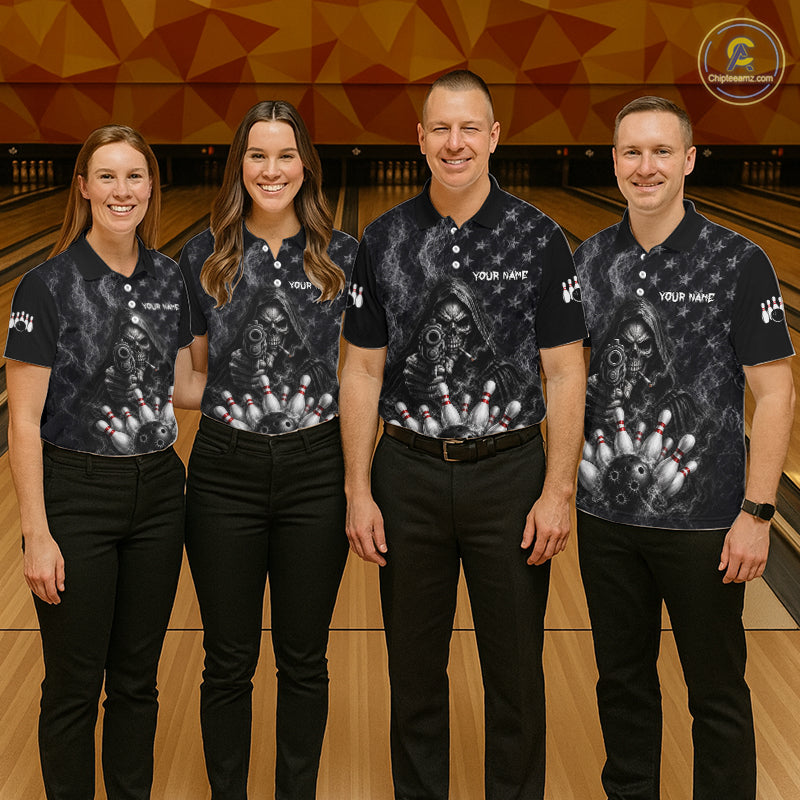Funny Grim Reaper Smoke American Flag Bowling Shirts For Men Custom Black Bowling Team Jersey TDM7357