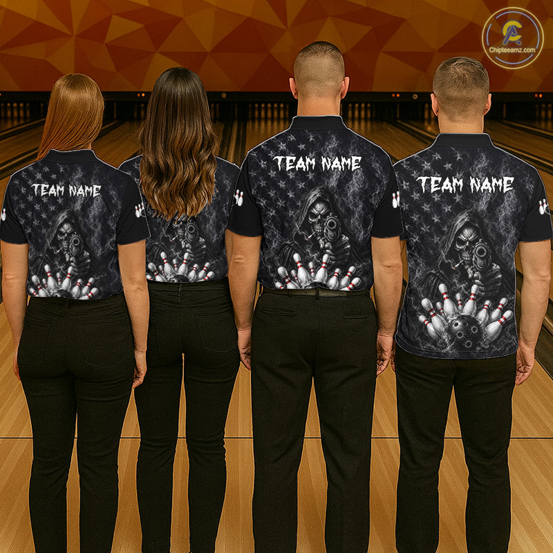 Funny Grim Reaper Smoke American Flag Bowling Shirts For Men Custom Black Bowling Team Jersey TDM7357
