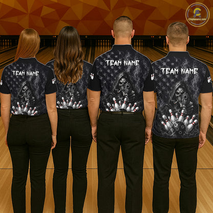 Funny Grim Reaper Smoke American Flag Bowling Shirts For Men Custom Black Bowling Team Jersey TDM7357