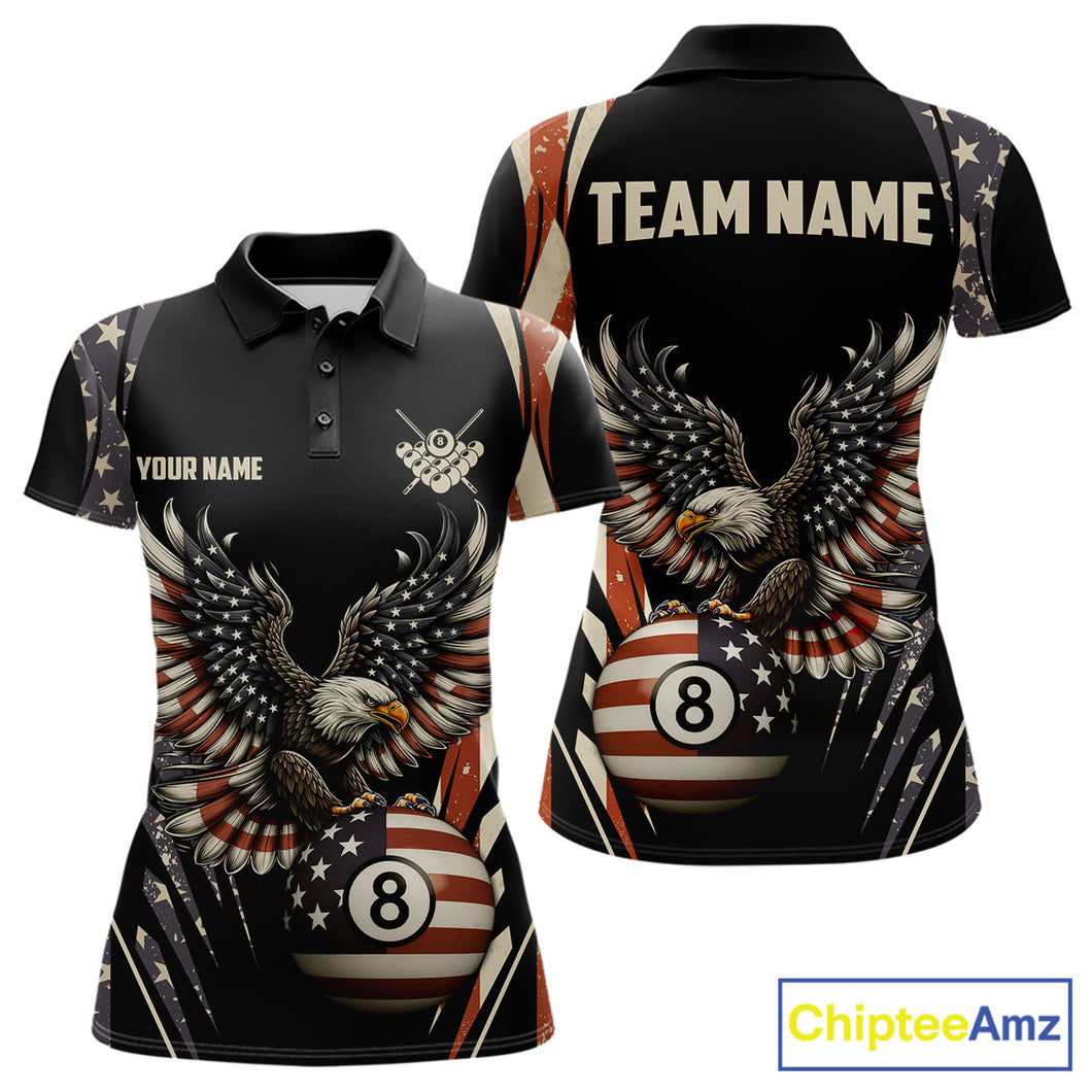 Personalized Vintage American Flag Eagle Billiard Shirt For Women, Patriotic 8 Ball Pool Team Jersey TDM5313