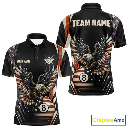 Personalized Vintage American Flag Eagle Billiard Shirt For Men, Patriotic 8 Ball Pool Team Jersey TDM5313