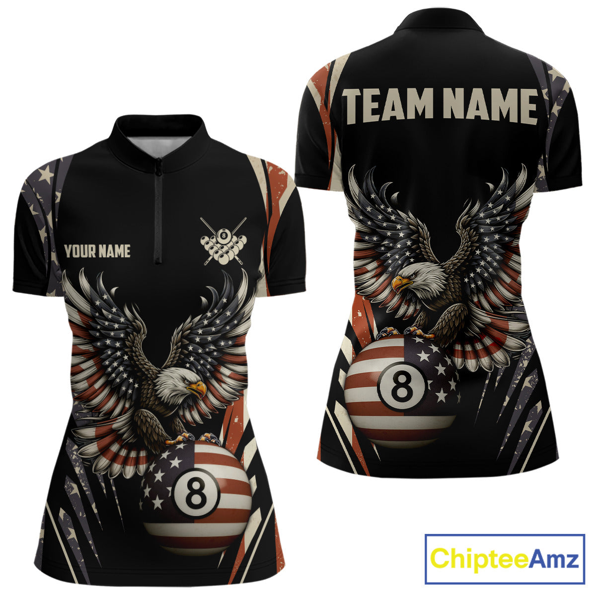 Personalized Vintage American Flag Eagle Billiard Shirt For Women, Patriotic 8 Ball Pool Team Jersey TDM5313