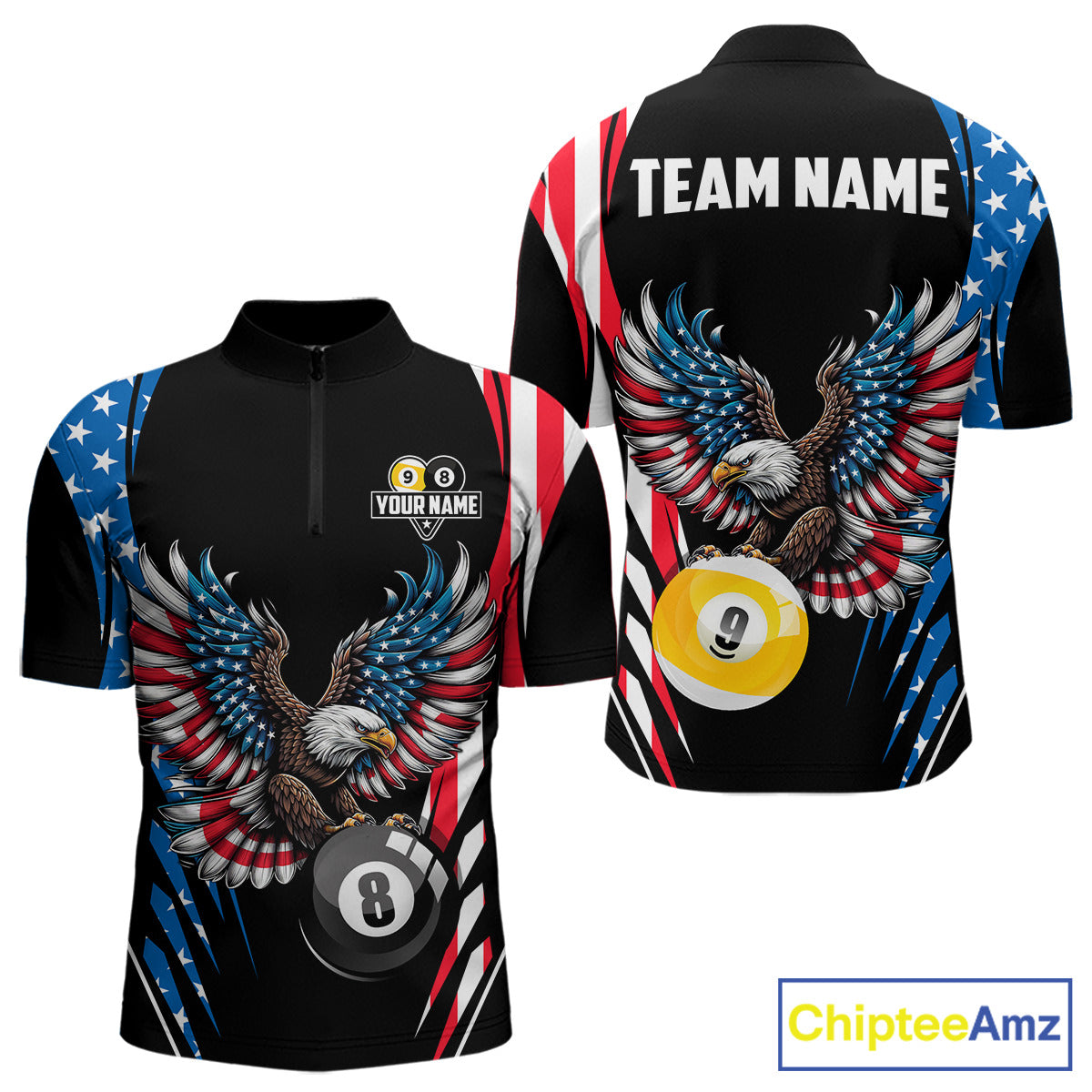 American Flag Eagle 8 Ball & 9 Ball Billiard Shirt For Men Custom Patriotic Pool Team Jersey TDM5314