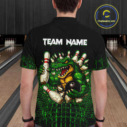 Black And Green Funny Alligator Bowling Shirt For Men Custom Bowling Jersey Team Polo & 1/4 Zip TDM5818