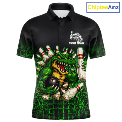 Black And Green Funny Alligator Bowling Shirt For Men Custom Bowling Jersey Team Polo & 1/4 Zip TDM5818