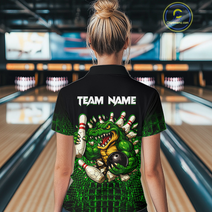 Black And Green Funny Alligator Bowling Shirt For Women Custom Bowling Jersey Team Polo & 1/4 Zip TDM5818