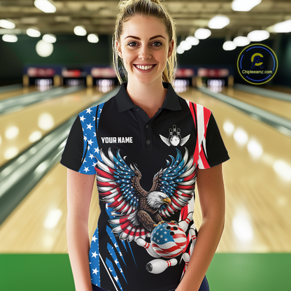 Personalized American Flag Eagle Bowling Polo & 1/4 Zip For Women, Patriotic Bowling Team Jersey TDM5822