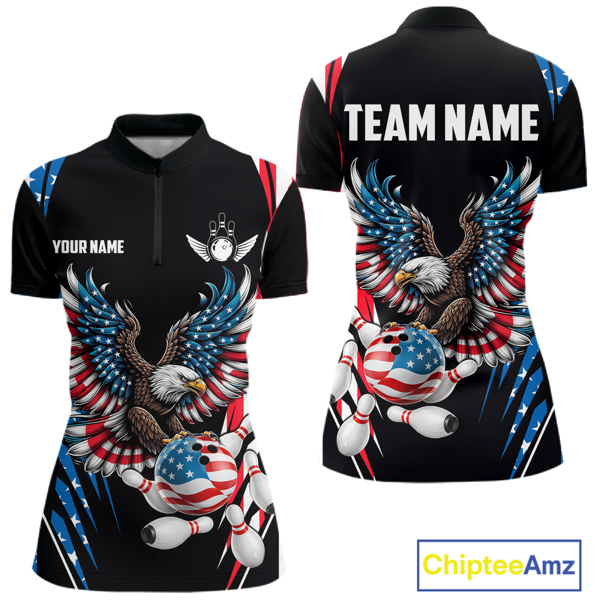 Personalized American Flag Eagle Bowling Polo & 1/4 Zip For Women, Patriotic Bowling Team Jersey TDM5822