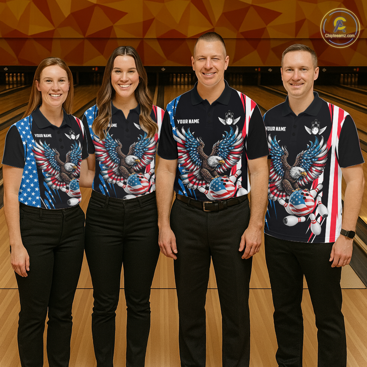 Personalized American Flag Eagle Bowling Polo & 1/4 Zip For Women, Patriotic Bowling Team Jersey TDM5822