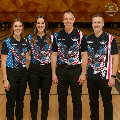 Personalized American Flag Eagle Bowling Polo & 1/4 Zip For Women, Patriotic Bowling Team Jersey TDM5822