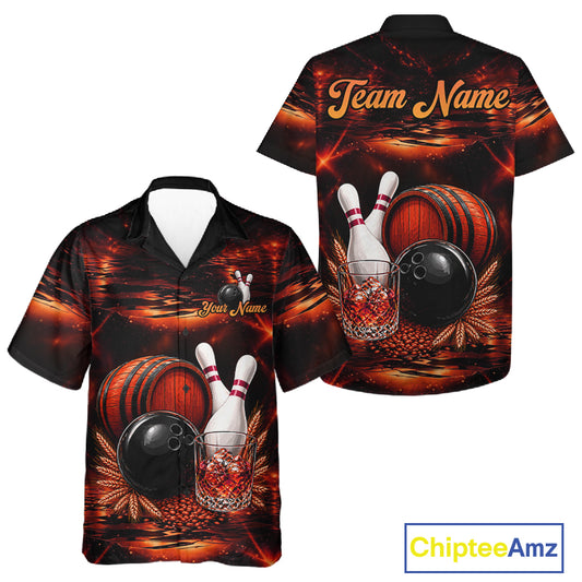 Personalized Red Vintage Bourbon Bowling Hawaiian Shirt For Men Women, Bowling Button Up Team Shirt TDM7699