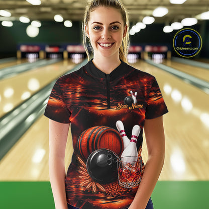 Personalized Red Vintage Bourbon Bowling Shirt For Women, Funny Bowling Jersey Team Polo & 1/4 Zip TDM7699