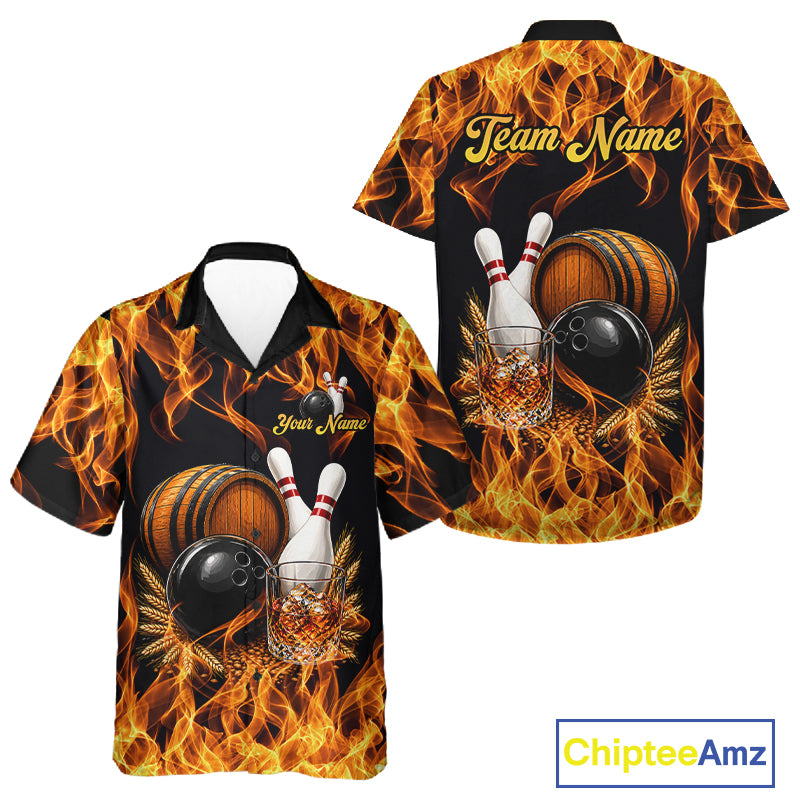 Personalized Bourbon Fire Flame Bowling Hawaiian Shirt For Men Women Custom Bowling Button Up Team Shirt TDM7701