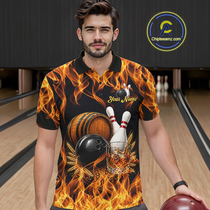 Personalized Bourbon Fire Flame Bowling Shirt For Men Custom Bowling Jersey Team Polo & 1/4 Zip TDM7701
