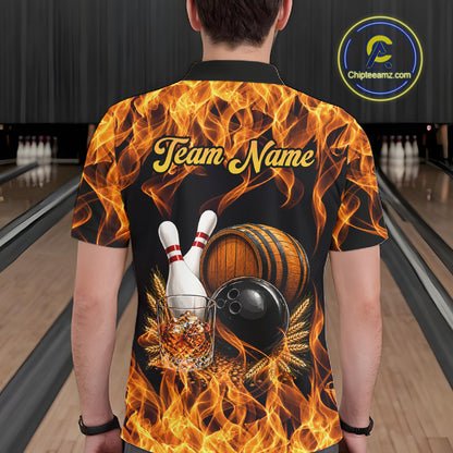 Personalized Bourbon Fire Flame Bowling Shirt For Men Custom Bowling Jersey Team Polo & 1/4 Zip TDM7701