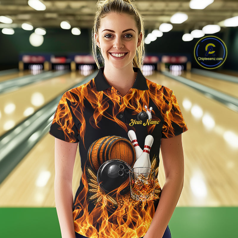 Personalized Bourbon Fire Flame Bowling Shirt For Women Custom Bowling Jersey Team Polo & 1/4 Zip TDM7701