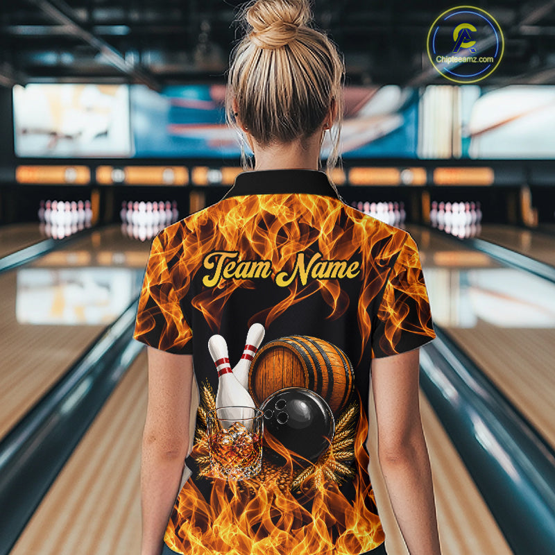 Personalized Bourbon Fire Flame Bowling Shirt For Women Custom Bowling Jersey Team Polo & 1/4 Zip TDM7701
