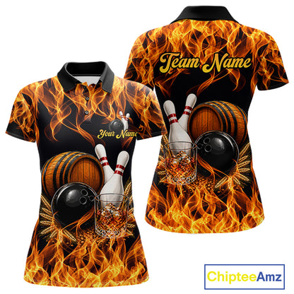 Personalized Bourbon Fire Flame Bowling Shirt For Women Custom Bowling Jersey Team Polo & 1/4 Zip TDM7701
