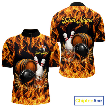 Personalized Bourbon Fire Flame Bowling Shirt For Men Custom Bowling Jersey Team Polo & 1/4 Zip TDM7701