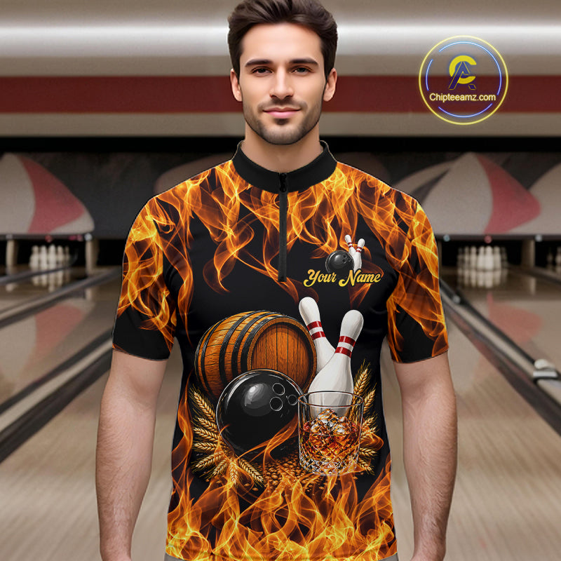 Personalized Bourbon Fire Flame Bowling Shirt For Men Custom Bowling Jersey Team Polo & 1/4 Zip TDM7701