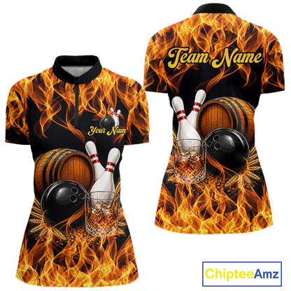 Personalized Bourbon Fire Flame Bowling Shirt For Women Custom Bowling Jersey Team Polo & 1/4 Zip TDM7701