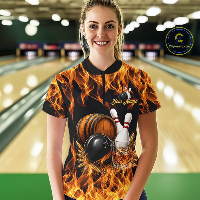 Personalized Bourbon Fire Flame Bowling Shirt For Women Custom Bowling Jersey Team Polo & 1/4 Zip TDM7701