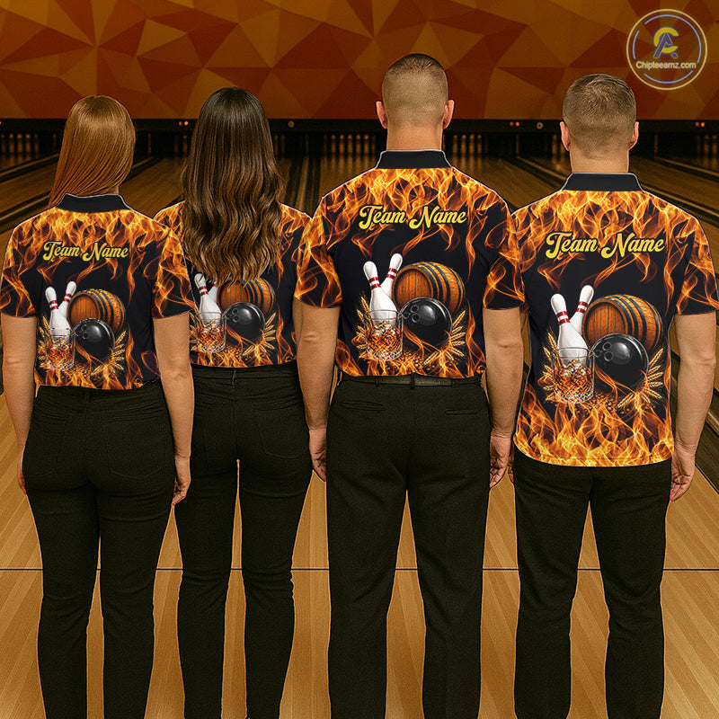 Personalized Bourbon Fire Flame Bowling Shirt For Men Custom Bowling Jersey Team Polo & 1/4 Zip TDM7701