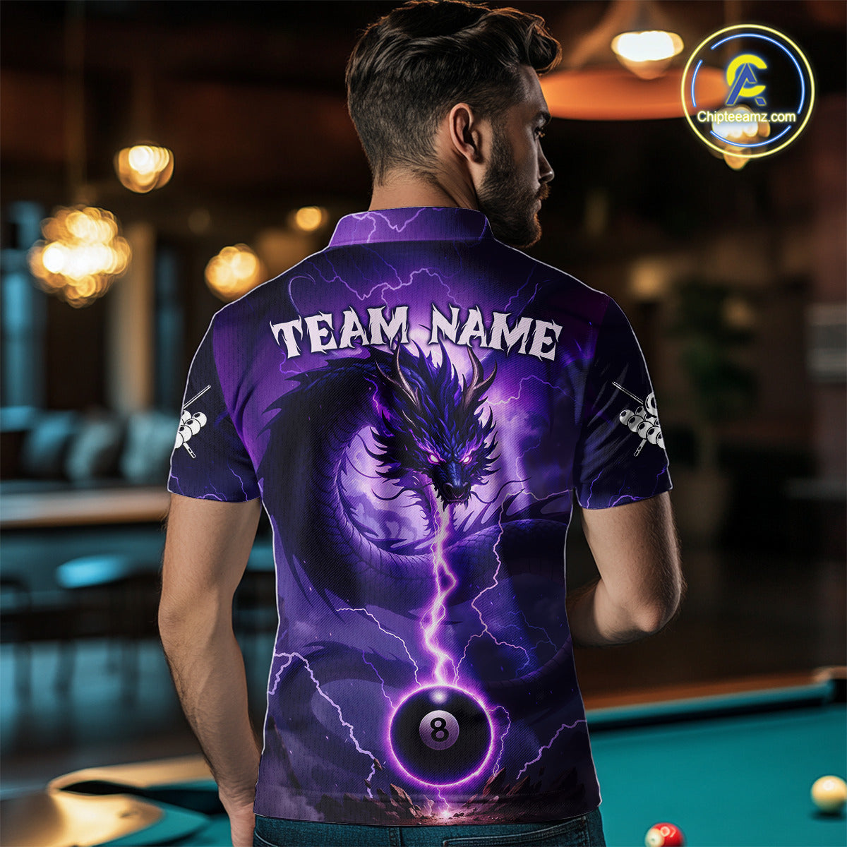 Purple 8 Ball Lightning Dragon Billiard Jersey For Men Custom Pool Team Shirt Polo & 1/4 Zip TDM5114