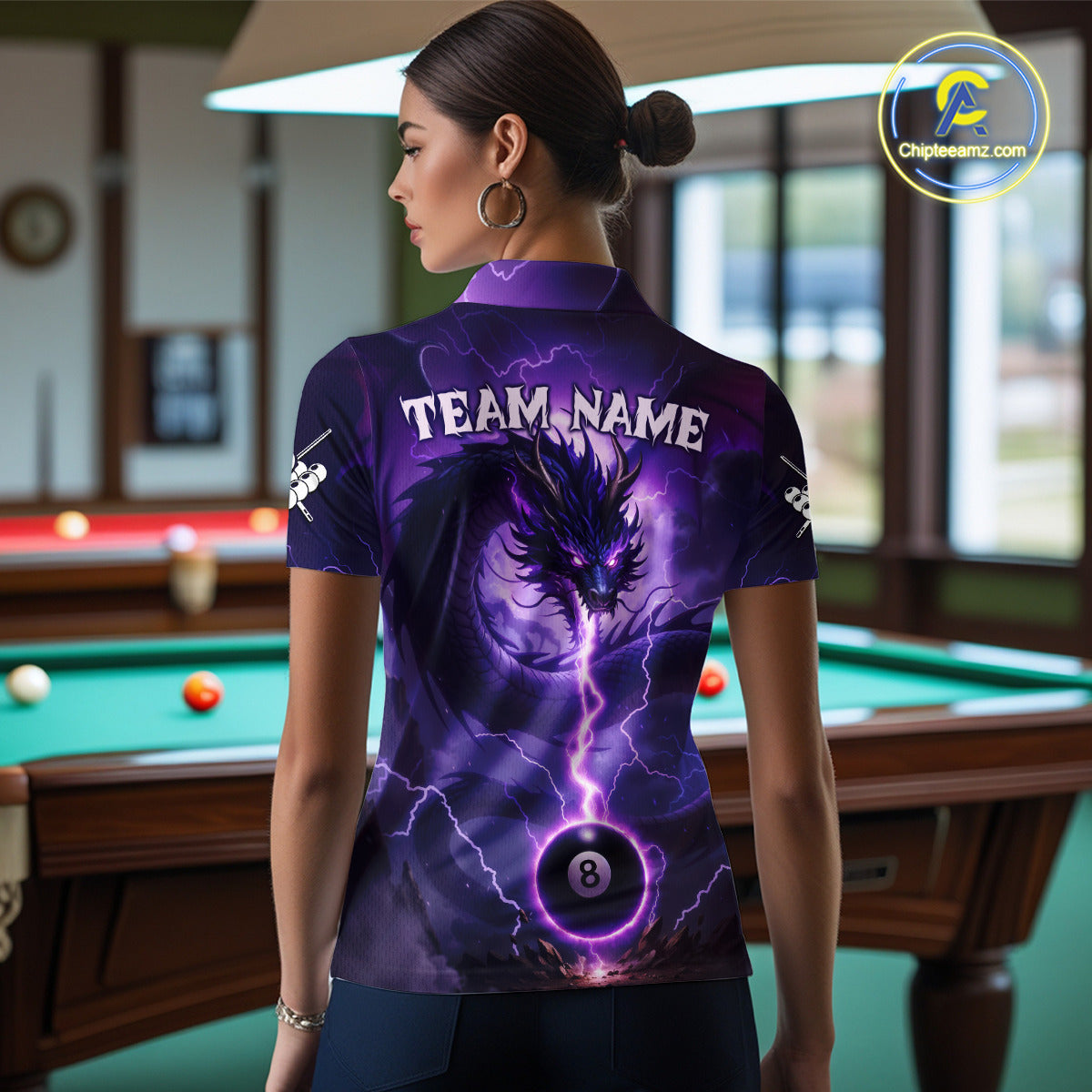 Purple 8 Ball Lightning Dragon Billiard Jersey For Women Custom Pool Team Shirt Polo & 1/4 Zip TDM5114