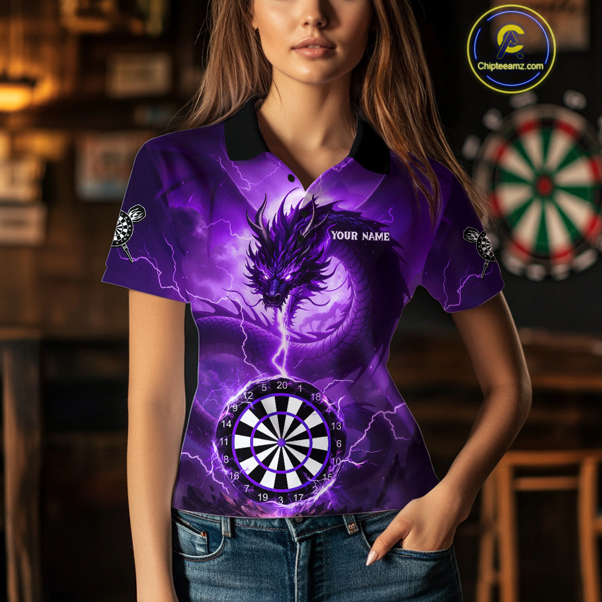 Purple Dartboard Lightning Dragon Womens Darts Shirt Custom Darts Jersey Team Polo & 1/4 Zip TDM5119