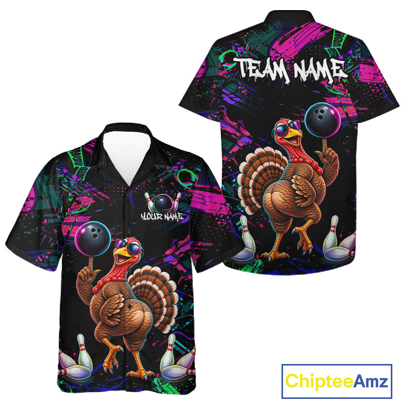 Personalized Funny Turkey Graffiti Bowling Hawaiian Shirt For Bowlers, Thanksgiving Bowling Team Shirts TDM7404