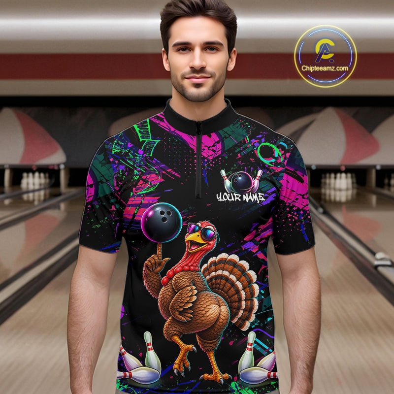 Personalized Funny Turkey Graffiti Bowling Jersey For Men Custom Thanksgiving Bowling Team Shirts TDM7404