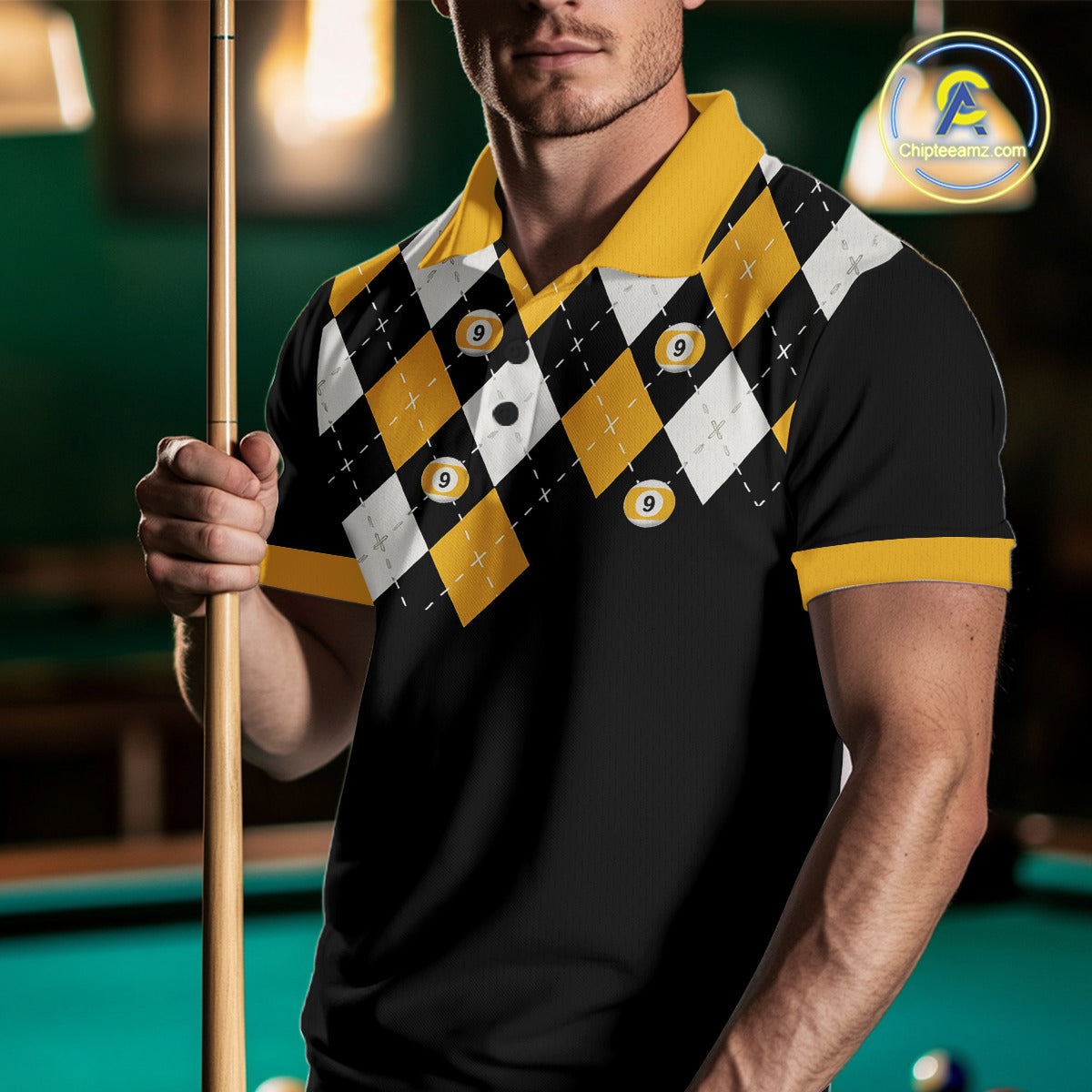 Personalized 9 Ball Skull Argyle Pattern Men's Billiard Shirts, 9 Ball Team Shirts Billiard Jersey TDM5137