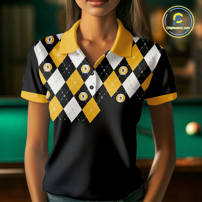 Personalized 9 Ball Skull Argyle Pattern Women's Billiard Shirts, 9 Ball Team Shirts Billiard Jersey TDM5137