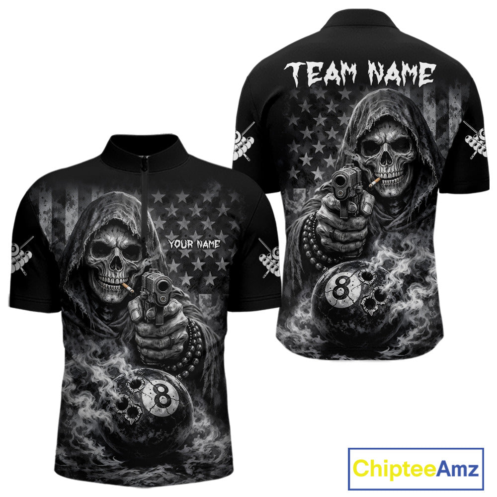 US Flag Grim Reaper 8 Ball Smoke Billiard Shirt For Men Custom Pool Jersey, Billiard Team Shirt TDM5611