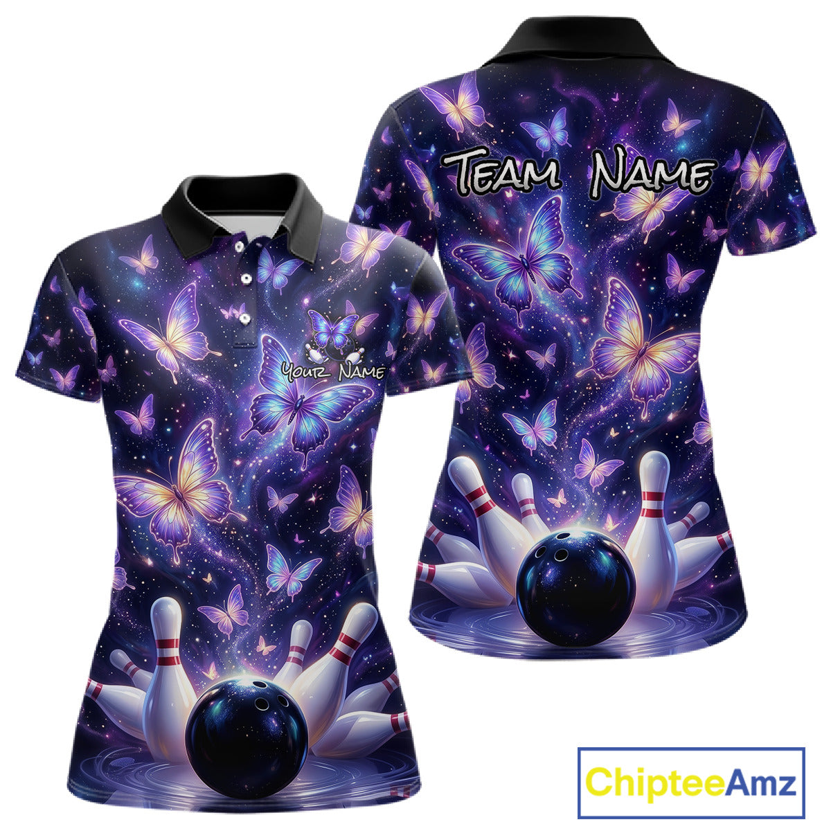 Custom Purple Butterfly Bowling Shirt For Women, Glowing Bowling Team Jersey Polo & 1/4 Zip TDM6225