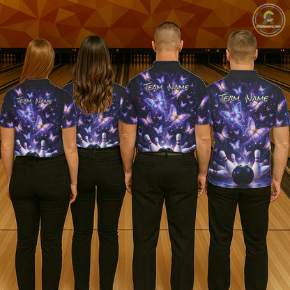 Custom Purple Butterfly Bowling Shirt For Women, Glowing Bowling Team Jersey Polo & 1/4 Zip TDM6225