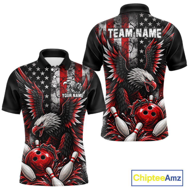 Custom Red Grunge American Flag Patriotic Eagle Bowling Shirt For Men, Retro Bowling Team Jersey TDM7748
