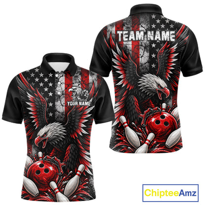 Custom Red Grunge American Flag Patriotic Eagle Bowling Shirt For Men, Retro Bowling Team Jersey TDM7748