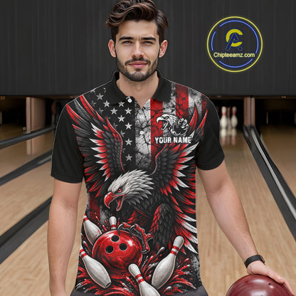 Custom Red Grunge American Flag Patriotic Eagle Bowling Shirt For Men, Retro Bowling Team Jersey TDM7748