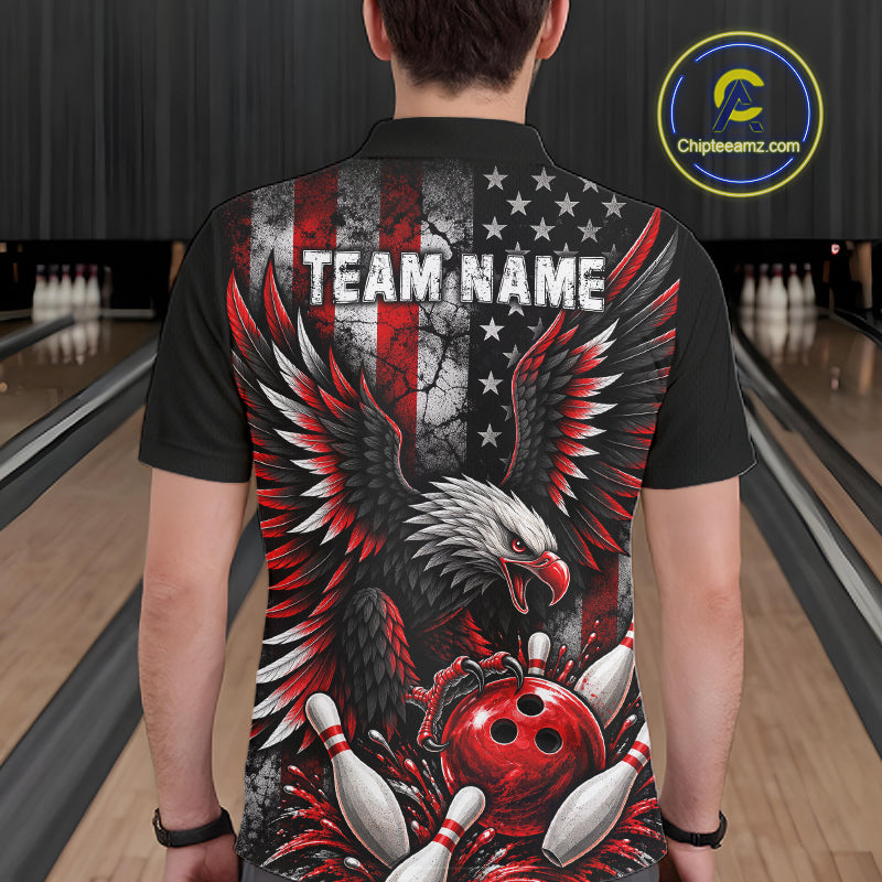 Custom Red Grunge American Flag Patriotic Eagle Bowling Shirt For Men, Retro Bowling Team Jersey TDM7748