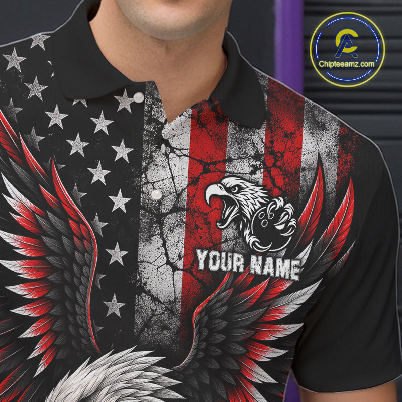 Custom Red Grunge American Flag Patriotic Eagle Bowling Shirt For Men, Retro Bowling Team Jersey TDM7748