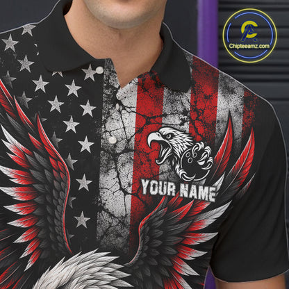 Custom Red Grunge American Flag Patriotic Eagle Bowling Shirt For Men, Retro Bowling Team Jersey TDM7748