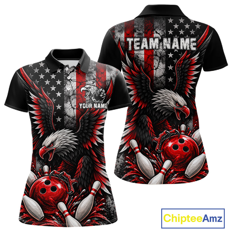 Custom Red Grunge American Flag Patriotic Eagle Bowling Shirt For Women, Retro Bowling Team Jersey TDM7748