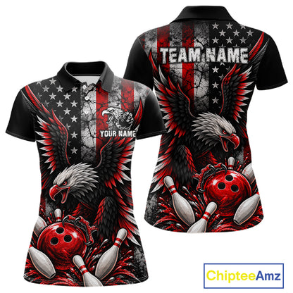 Custom Red Grunge American Flag Patriotic Eagle Bowling Shirt For Women, Retro Bowling Team Jersey TDM7748