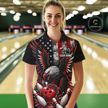 Custom Red Grunge American Flag Patriotic Eagle Bowling Shirt For Women, Retro Bowling Team Jersey TDM7748